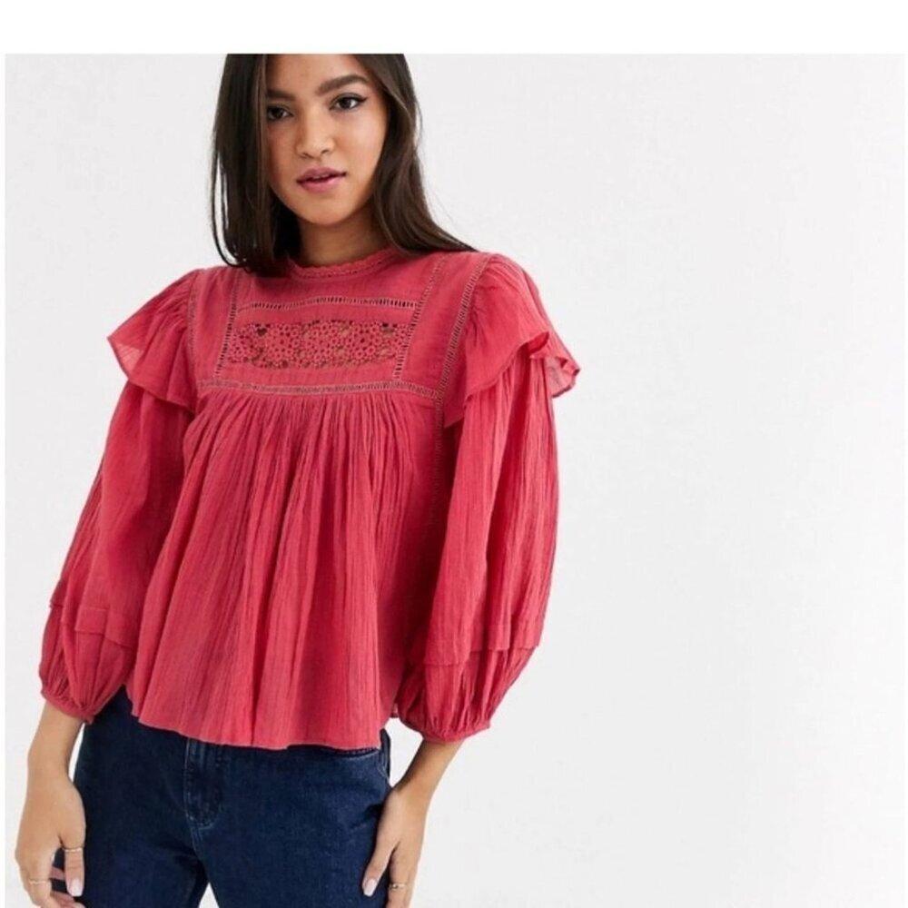 Free People Laura Cotton Ruffle Blouse Size XS Red Berry boho